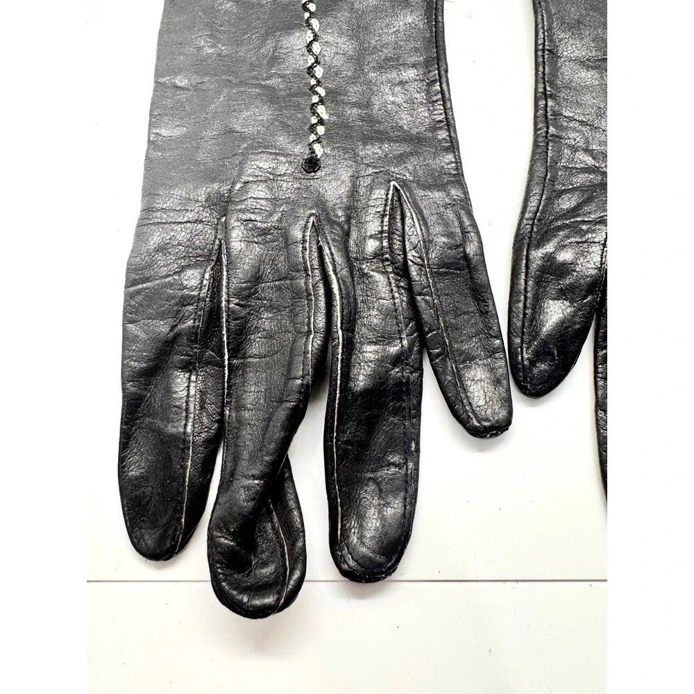 Vintage Black Leather Gloves Embellishd Floral Detail Mid Century Size 7 Fair‎
